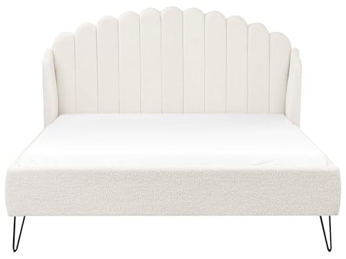 Cama con somier de bouclé patas de metal 140 x 200 cm cabecero blanco crema Ambillou