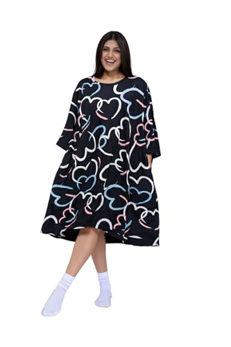 Image of LAMA STORE Women's Printed Oversized T-Shirt Dress, Cotton, 3 /4 Sleeve Length, Casual Loose Fit, Comfort Wear Extra Comfy Oversized Printed Pocket T-Shirt Dress