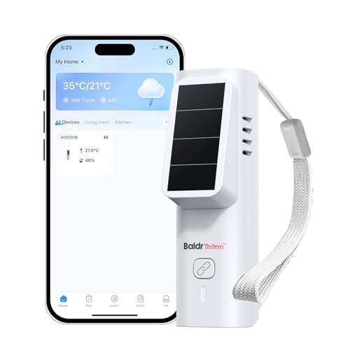BaldrTherm Solar Bluetooth Temperature & Humidity Monitor, Wireless Thermometer with Date Storage, Real-Time Alerts, 196 Feet Connecting Range, Apply for Room Greenhouse, Pet Cages, 1pack