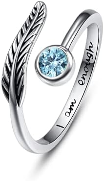 Birthstone Adjustable Open Feather Ring 925 Sterling Silver Birth Stone Ring Jewelry Gift Birthday Gift for Mom Women Wife Girls