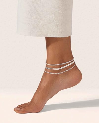 Tewiky Sterling Silver Ankle Bracelets for Women,Dainty Layered Waterproof Anklet for Women Adjustable Sparkly Herringbone Beaded Rope Chain Set Stackable Cute Summer Beach Jewelry Gift4