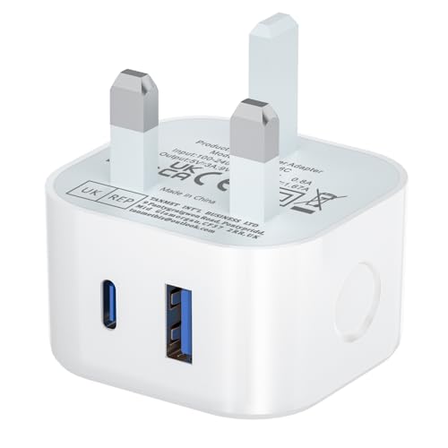 USB C Plug Fast Charge UK,USB Micro Fast Charger Plug Adapter USBC for iPhone 17 Pro Max Air 16 16e 16 Plus Pro Max 15 14 13 12 11 SE Watch iPad Pro Mini Air,Type-C & A Dual Port Wall Charging Plugs