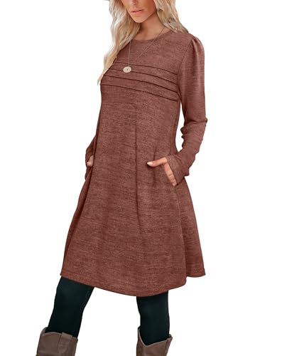 Image of OFEEFAN Womens Long Sleeve Tunic Dress Fall Fashion Sweater Dress with Pockets Pleated Front Casual Winter