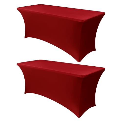 Image of Obstal 4Ft Stretch Spandex Table Cover for Standard Folding Tables - 2 Pack Universal Rectangular Fitted Tablecloth for Party, Banquet, Events, Trade Show (Dark Red, 48L x 24W x 30H Inches)