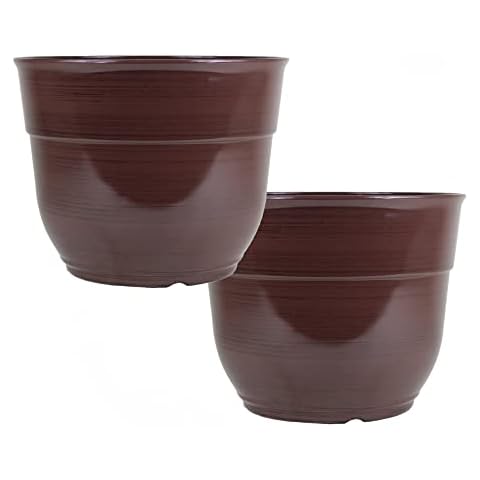 Garden Elements Glazed Brushed Happy Large Plastic Planter, 15" (2, Dark Brown) Cover