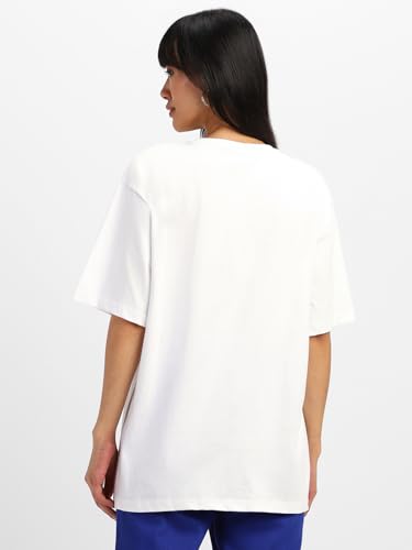 Image of JUNEBERRY 100% Pure Cotton Oversized Loose Baggy Fit Drop Shoulder Half Sleeve Round Neck Cool Front Teddy Printed Cork & White T-Shirt for Women /Girls (Available in from S to 2XL)