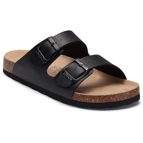 Litfun Women's Cork Footbed Sandal Summer Slip On Slide Sandals with Adjustable Buckle, Black 37