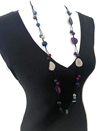 Long tagua necklace in blue, purple, white. organic handmade tagua nut Jewelry TAG541