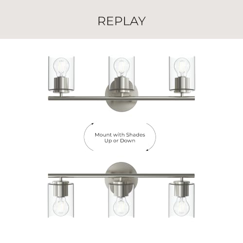 Image of Progress Lighting Replay 22 Inch 3-Light Vanity Light, Transitional, Brushed Nickel with Clear Glass Shades, (7.875 inch H x 22 inch W x 6 inch D), P300583-009