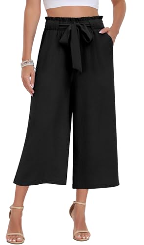 DILIUXING Womens Wide Leg Lounge Capri Pants with Pockets Lightweight High Waisted Adjustable Loose Tie Knot Trouser
