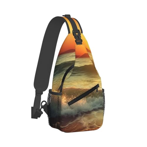 Sac banane motif vagues japonaises et coucher de soleil artistique