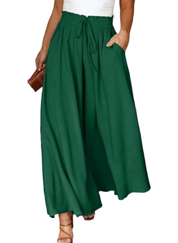 Eytino Plus Size Pants for Women Casual Drawstring Elastic Waist Wide Leg Pants Beach Trousers with Pockets,2X Blackish Green