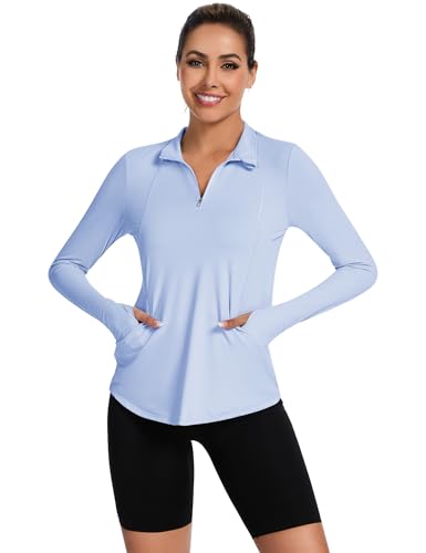 Loovoo Long Sleeve UPF50+ Workout Tops Sun Protection 1/4 Zip Summer Quick Dry Hiking Shirts Lightweight Pullover Women4