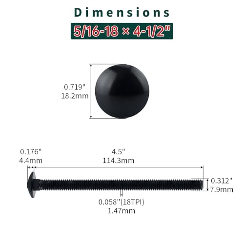 Image of 5 /16-18 x 4-1 /2 inch Black Carriage Bolts with Nuts and Washers Kits (10 Sets), 304 Stainless Steel 18 /8, Black Finish, Round Head, Square Neck, Heavy Duty Bolts, Indoor Outdoor Fastening Bolts, Fayeploo