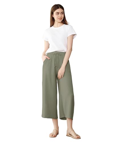 Pantalón Culotte Mujer Verano Ligero y Fresco – Corte Ancho, Cintura Elástica con Cordón, Bolsillos Laterales (90036-Olive, XL-2XL)