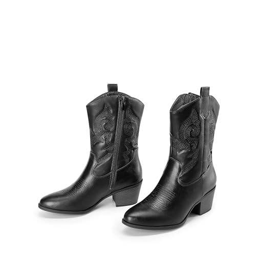 DREAM PAIRS Cowboy Boots for Women, Mid Calf Cowgirl Boots with Embroidery Round Toe Western Chunky Low Heel Shoes,Size 6.5,All Black,DWUMMB2505
