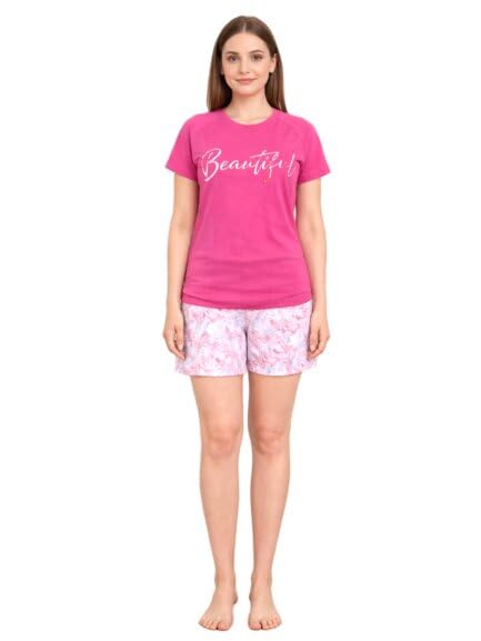 Women’s Printed Half Sleeve T-Shirt & Shorts Set | Poly Brush Soft & Lightweight Relaxed Fit Nightwear & Lounge Wear Co-ord Set for Sleep & Home Comfort - Pink-image-17