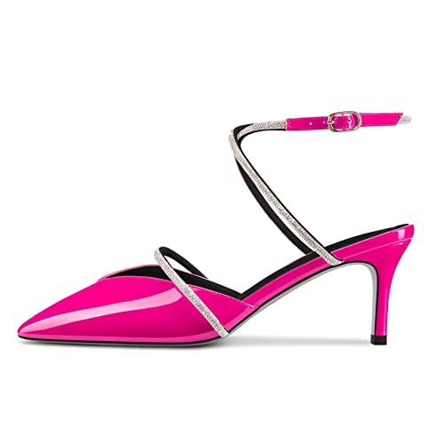 DearOnly Women Stiletto Mid Heel Pointed Toe Sandals Slingback Ankle Strap Diamond Crystal Wedding Dress 2.6 Inches Heels3