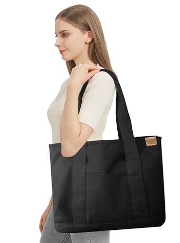 Image of TeeYee 16oz Canvas Tote Bag Casual Multi pockets Handbags Large Capacity Shopping Shoulder Bag with Pocket Bags Work Purses