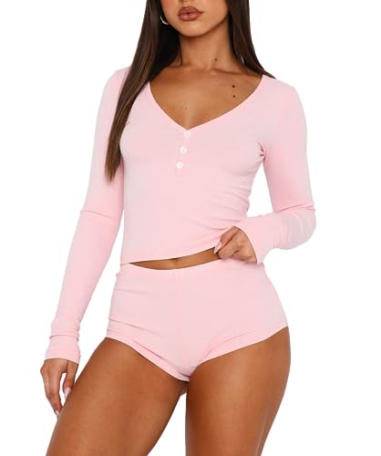 Image of REVETRO Fall Womens 2 Piece Pajama Sets Sexy PJ Shorts Y2k V Neck Long Sleeve Lounge Set Sleepwear with Button Down