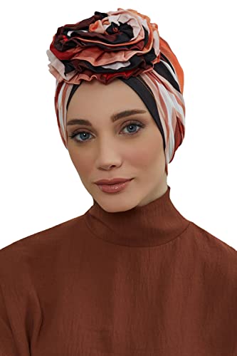 Aisha's Design Printed Instant Turban for Women, 95% Cotton Head Wrap Scarfs For Women, Gorgeous Handmade Rose Detail