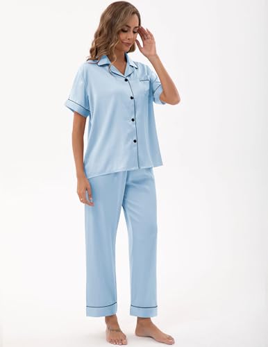 Image of UMBY Silk Satin Pajamas for Women Set 2 Piece button down Soft Silk Pjs Sets Cozy Silky Pajama Short Sleeve