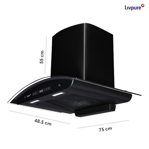 Image of Livpure 75cm 1400m /hr Curved Glass BLDC Filterless Autoclean Kitchen Chimney|9 Speed With RPM Display|10Yrs Motor Warranty,2 Yrs Comprehensive|Touch & Gesture Control|LIV-INVICTO-75-FL-BLDC-HAC,Black