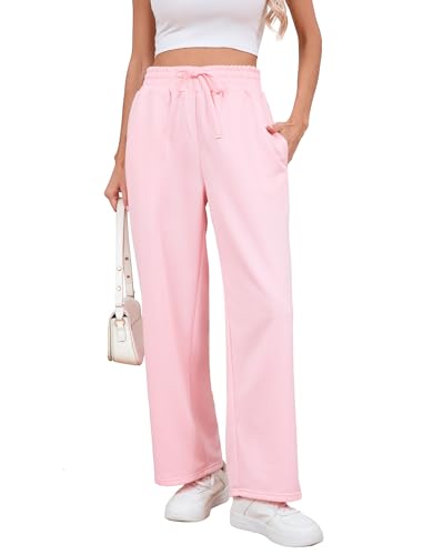 Yiyilina Wide Leg Sweatpants Women Baggy Lounge Sweat Pants with Pockets Casual High Waist Drawstring Work Athletic Joggers 2025 Fall(Pink M)