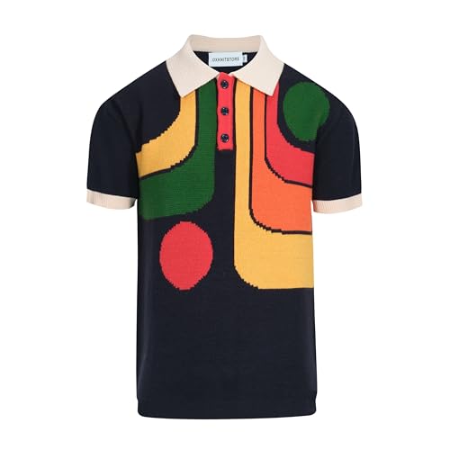 OXKNIT Men's Vintage Polo Shirt Geometric Patterns Dark Blue Knit Casual Summer Golf Poloshirts