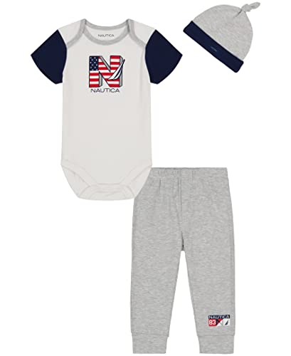 Nautica Sets (KHQ) Baby Boys 3 Pieces Pant Set, Heather/Medieval Blue/White, 18M US