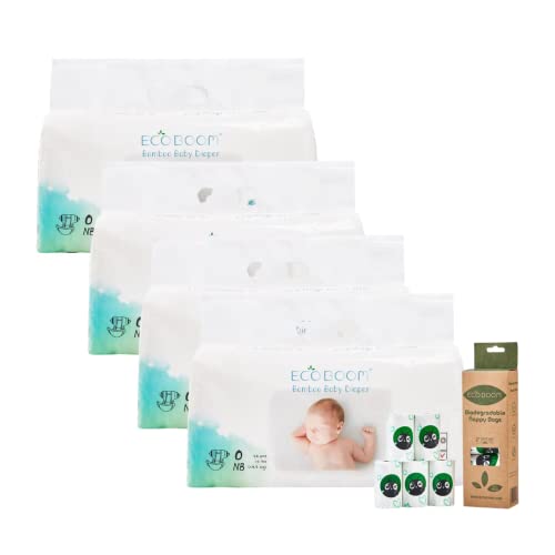 Pañales de bambú prémium para bebé tamaño 1 ( 4,5 kg) | 34 x 4 paquetes – 136 pañales | con 100 bolsas biodegradables para pañales
