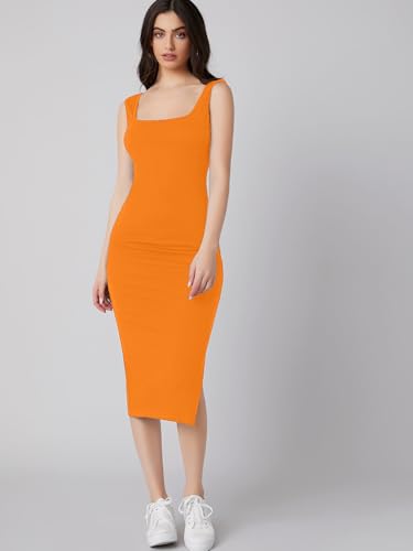 Image of Aahwan Royal Solid Bodycon Square Neck Midi Side Split Thigh Dress for Women's & Girl's