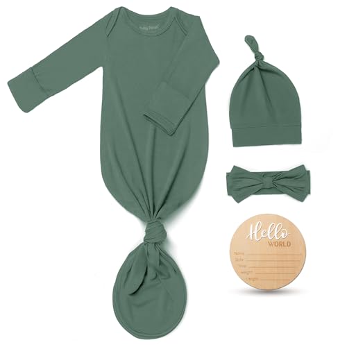 Image of Hello World Newborn Outfit Knotted Gown 0-3 Months, Baby Girl Boy Coming Home Sleeper with Sign