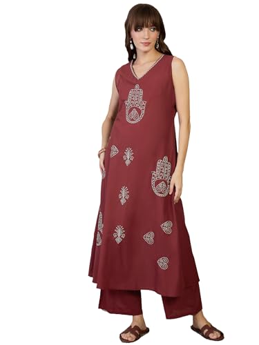 Image of INDO ERA Women's A-Line Pure Cotton Ethnic Motifs Embroidered Kurta & Palazzos Set | Cord Set For Women Cotton