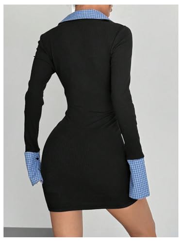 MakeMeChic Women's Fall Gingham Bodycon Mini Dress Long Sleeve Collared 2 in 1 Dresses Business Casual Outfits2