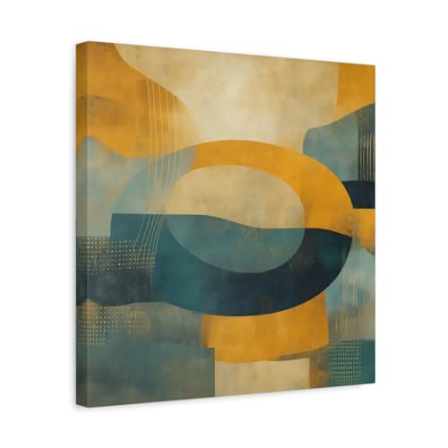 Tableau formes abstraites jaune et bleu canard 40x40cm pour décoration salon