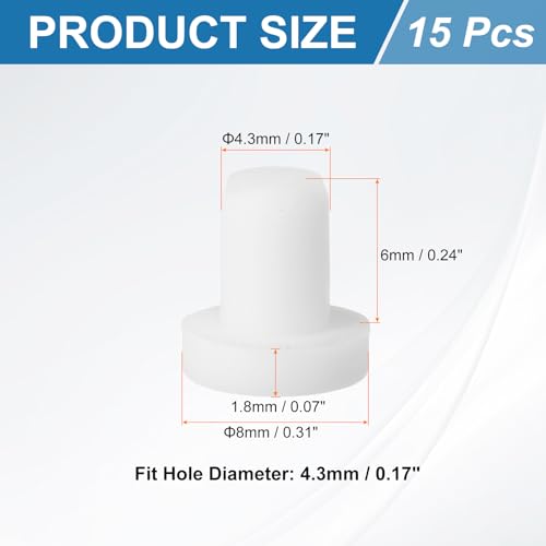 Image of uxcell 15Pcs Silicone Hole Plug, Waterproof Solid T-Shaped Rubber Stoppers Bottle Seal Tube Pipe Plug End Cap for 4.3mm /0.17 inch Hole for Bathtub Bottle, 0.24 inch Plug Height, White