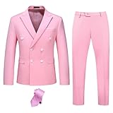 YND Men's Slim Fit 2 Piece Suit, Double-Breasted Jacket Pants Set with Tie, Solid Party Wedding Dress Blazer, Tux and Trousers Pink