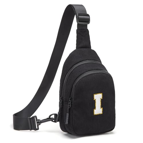 Small Corduroy Sling Bag Initial Crossbody Bag Fanny Pack for Girls Personalized Birthday Gifts for Teen Girls Gifts Black I