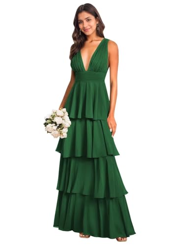 BANTRATIC Tiered Bridesmaid Dress for Women Ruffle Deep V-Neck Empire Long Chiffon Formal Wedding Guest Evening Prom Gown