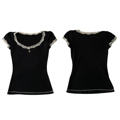 Womens E-Girls Short Sleeve T-Shirt Y2k Lace Trim Crop Tops Crewneck Fairy Grunge Tee Tops Aesthetic Summer Clothes4