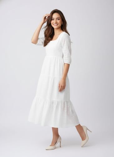 Image of Her Couture Cotton Midi Schiffli Embroidered Dress with Attached Belt