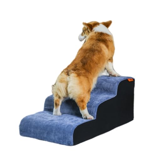 NIGOE ペット階段小型犬の階段上り下りはしご高齢犬のベッドサイドのはしごはスポンジスロープを取り外すことができる (高さ30 cm 3層,アッシュブルー)