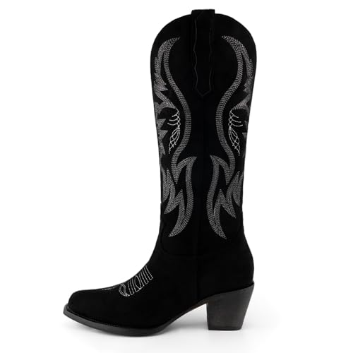 Image of GORBINETI Women Cowboy Boots Mid Calf Cowgirl Western Boots Embroidered Suede Pull On Almond Toe Chunky Heel