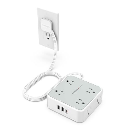 Image of TESSAN Surge Protector Power Strip, 5 Ft Flat Plug Extension Cord with 3 USB (1 USB C 20W PD) 8 Outlets, 1250W, 900J Protection, 3 Sided Outlet Extender with Power Switch for Office, Dorm Room, Grey