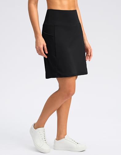 SANTINY 18\" Skorts for Women with 4 Pockets High Waist Long Athletic Tennis Skirt Golf Skort Dressy Casual (Black_L)