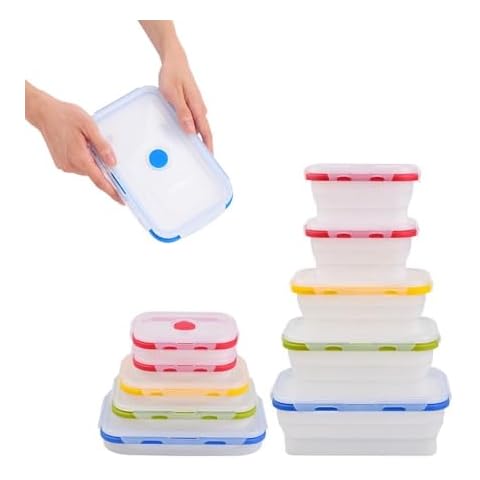 ECOBERI Collapsible Silicone Food Storage Containers with Airtight Snap-Top Lids, Microwave, Dishwasher, Freezer Safe, Set of 5 Cover