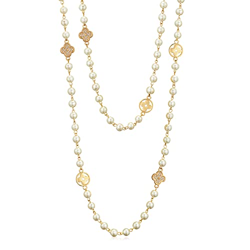 8MM Round Simulated Shell Pearl Strand Layered Necklace for Women, Dainty Multiple Strands Long Necklace for Party, Vintage Costume Jewelry