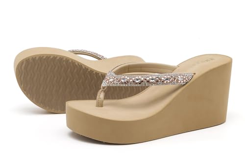 Image of Rhinestone Womens Wedge Sandals for Women Platform Flip Flops Chunky wedge flip flops Heels Sandals Women Wedding Shoes