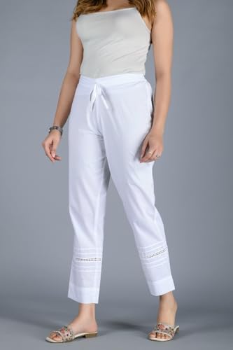 Women's Cotton White Regular Fit High Rise Palazzo Pants with Lace Detail, Drawstring Waist, Ankle Length4